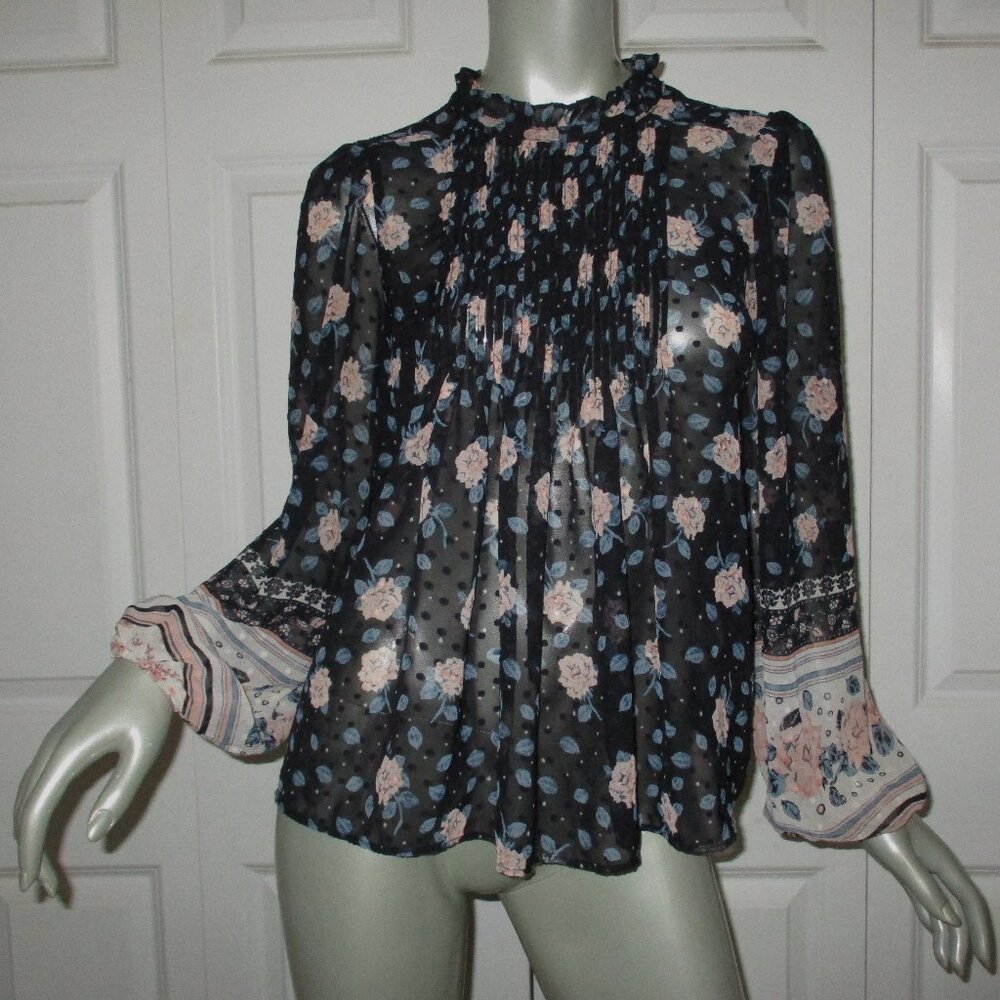 MAISON D'AMELIE Navy Blue Floral Long Balloon Sleeve Pintuck Blouse